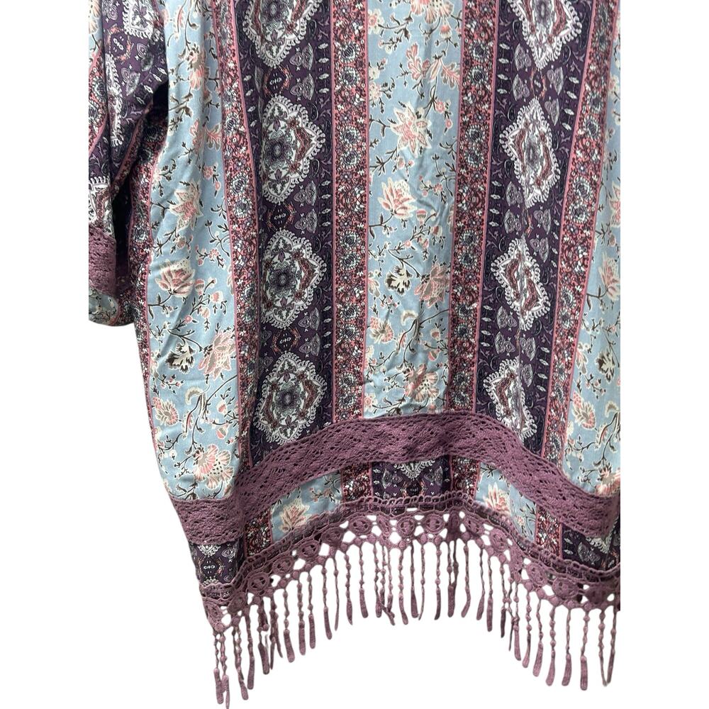 Andree by Unit Purple Lace Kimono M Paisley Fringe Boho Open Front‎ Shawl Jacket - Picture 8 of 10